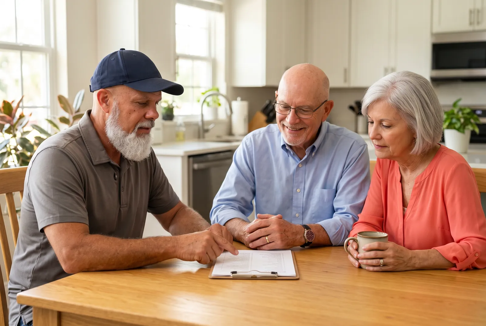 Jimmy going over a written price with a retired couple at their kitchen table